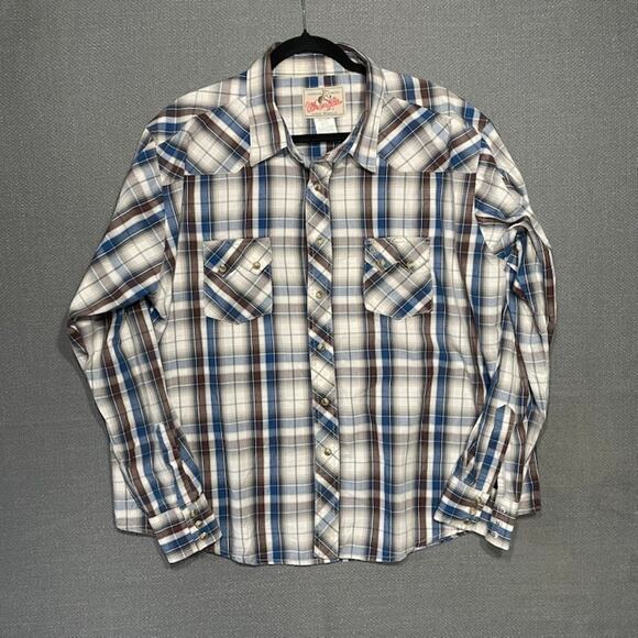 Wrangler Mens XXL LS Western Cowboy Pearl Snap Shirt XXL Blue Plaid Sawtooth - Picture 1 of 6